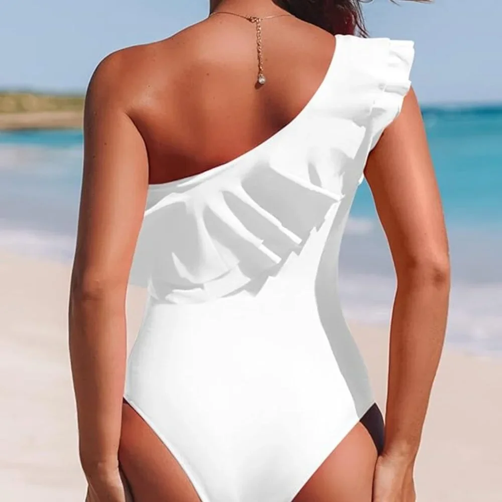 Hot Pink Swimsuit One Piece One Shoulder Ruffle by Hilinker - SZ XL NEW - Picture 4 of 6